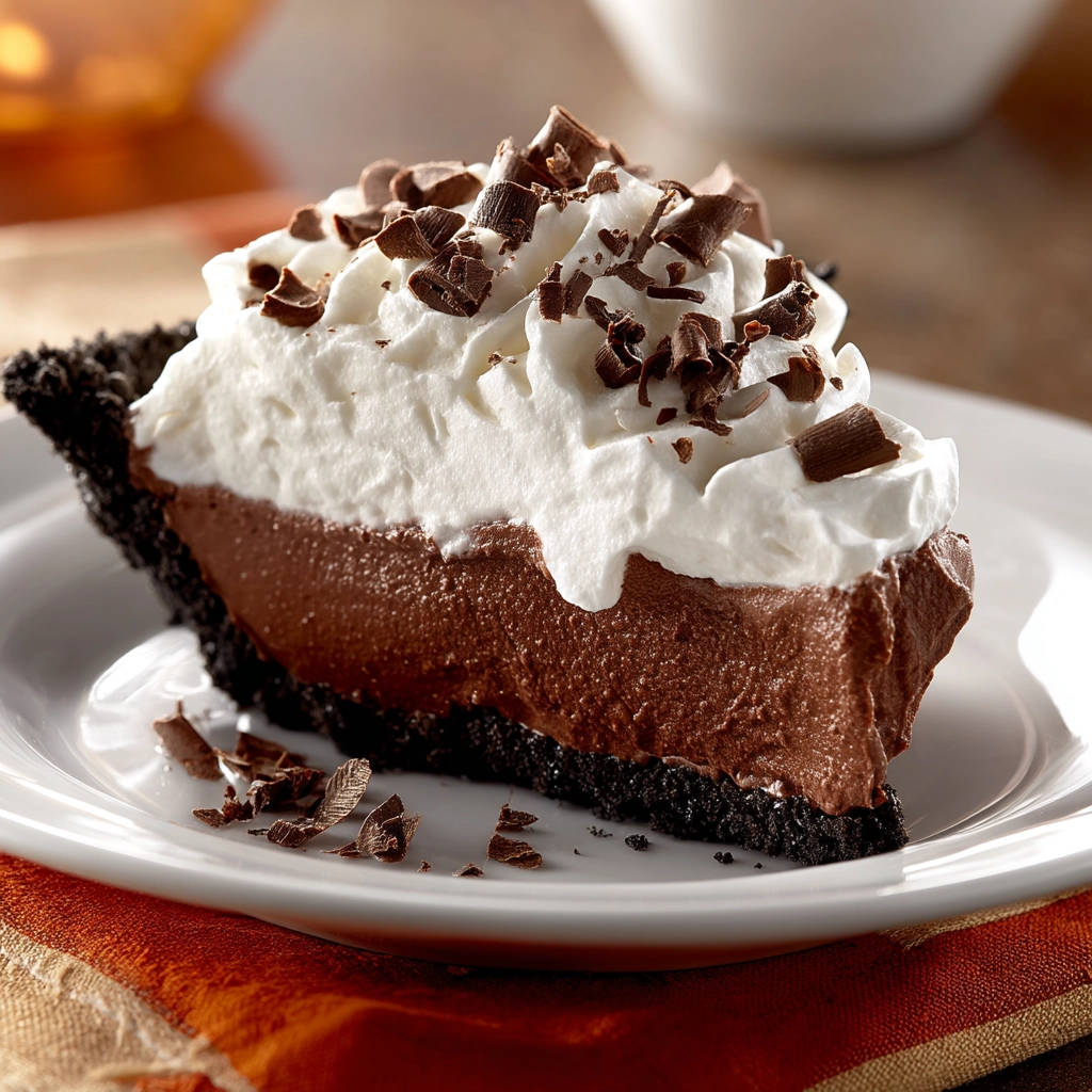 Classic Chocolate Cream Pie served as a plated slice, showcasing its rich chocolate filling and whipped cream topping.