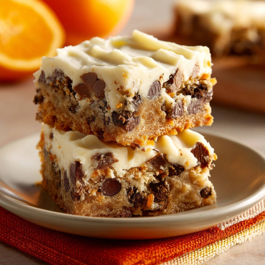Chocolate Orange Dream Bars stacked on a plate, showcasing the rich chocolate chips and creamy frosting.
