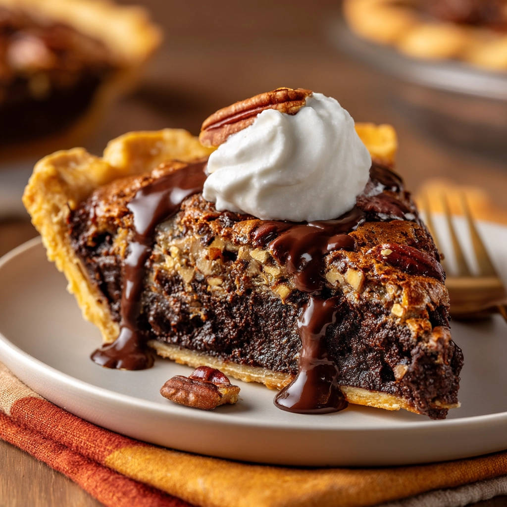 Chocolate pecan pie slice with whipped cream and chocolate drizzle on a plate.