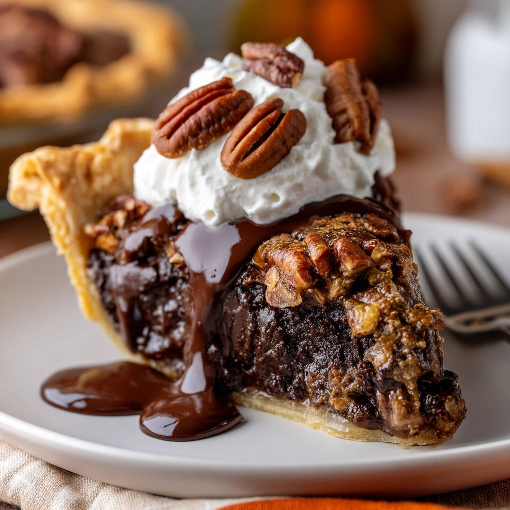 Chocolate pecan pie slice with whipped cream and chocolate drizzle on a white plate.