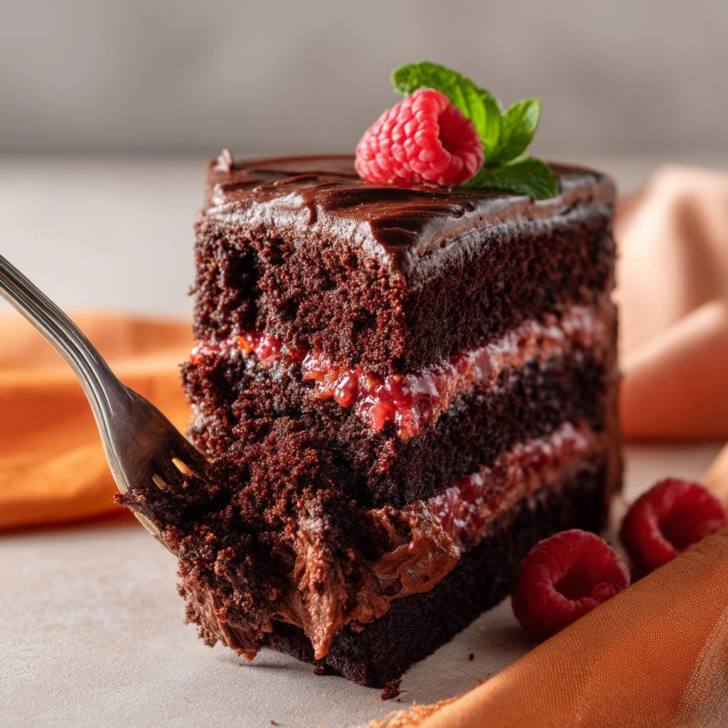 Decadent chocolate raspberry layer cake cross-section with a fork taking a bite, garnished with a raspberry.