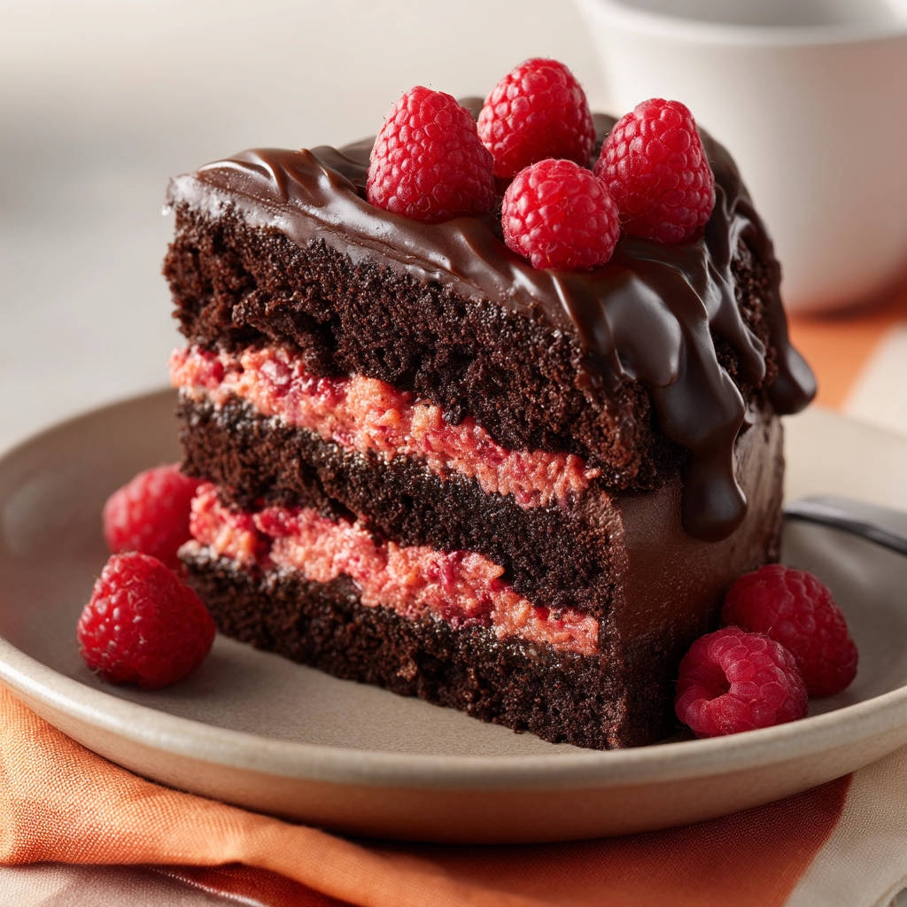 Chocolate raspberry layer cake cross-section showing rich chocolate cake and pink raspberry filling, garnished with fresh raspberries.