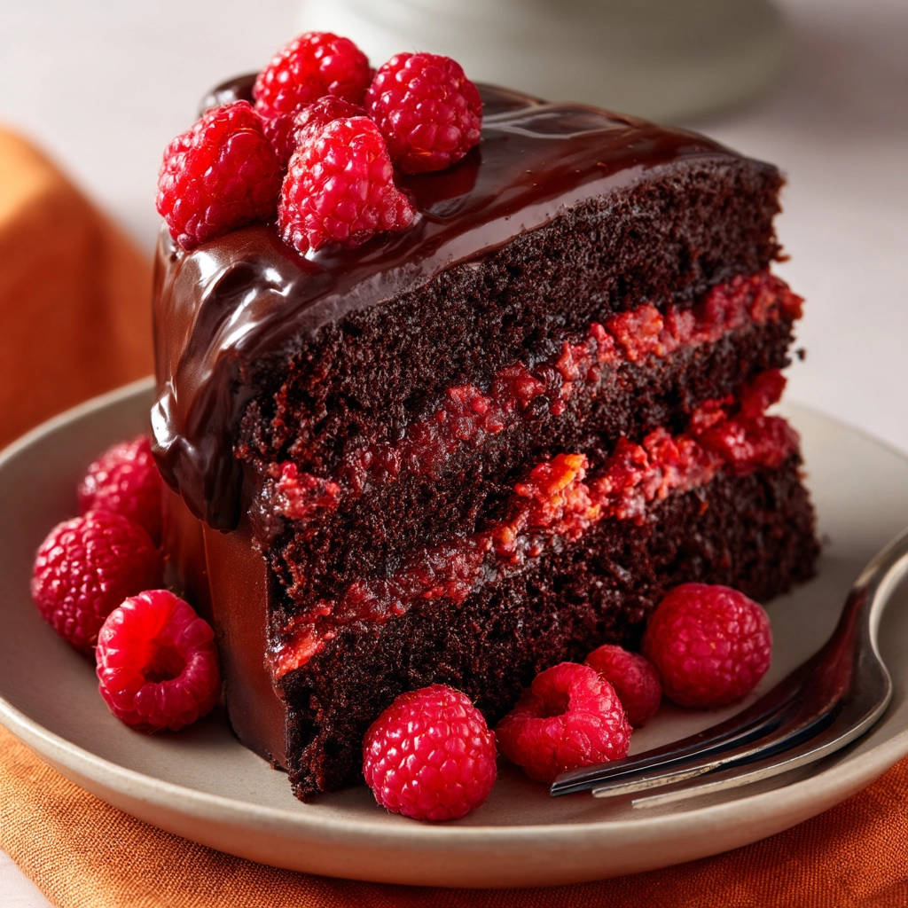 Chocolate Raspberry Layer Cake: Never Dry Again! slice showing rich chocolate cake layers and vibrant raspberry filling.
