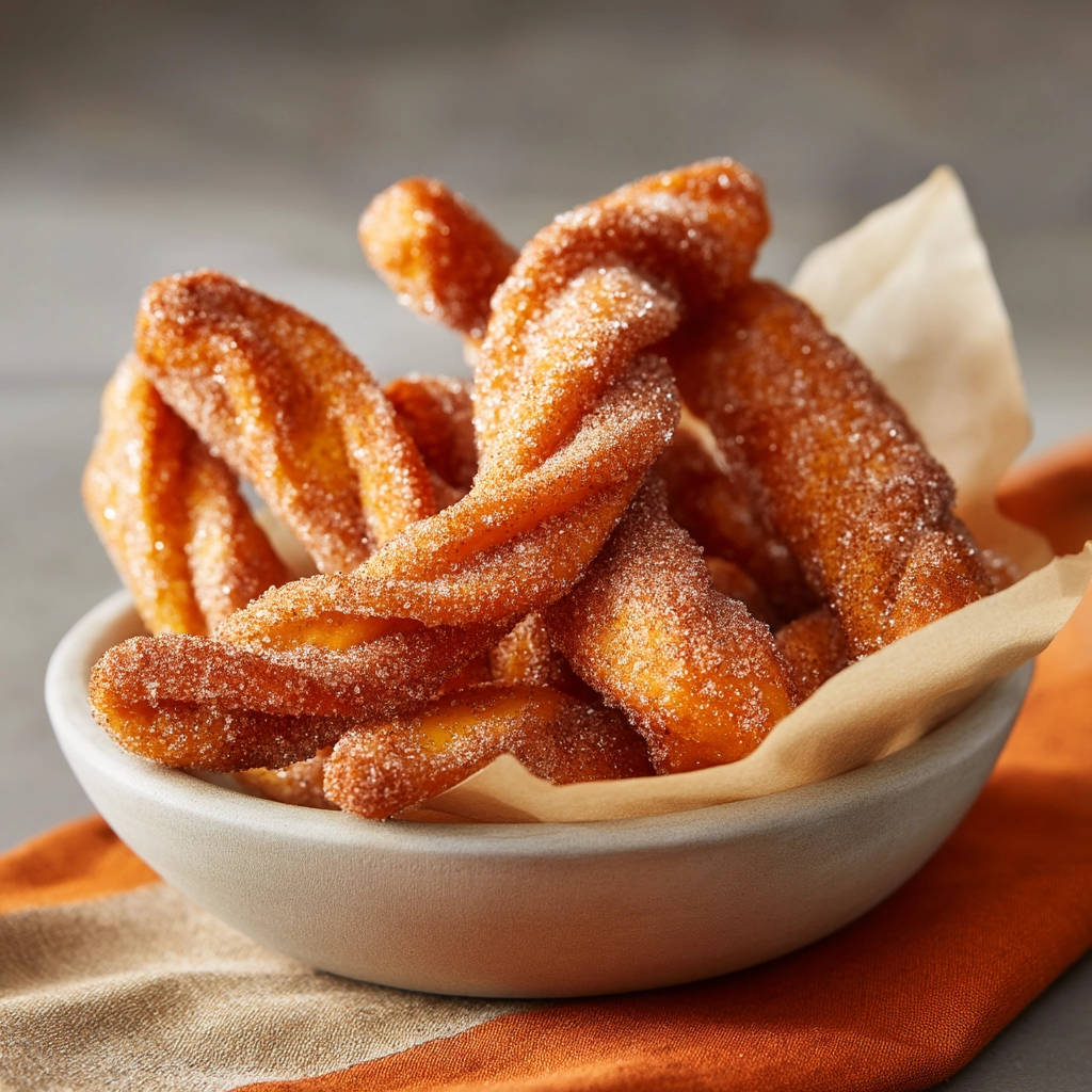 Crispy churro twists coated in sugar, piled high in a bowl, showcasing their twisted shape.