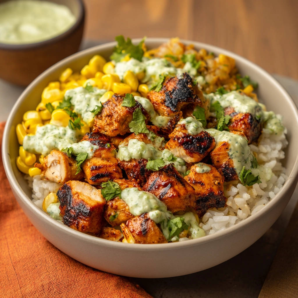 Cilantro lime chicken bowl shown from an overhead view, featuring grilled chicken, corn, rice, and drizzled with a creamy green sauce.