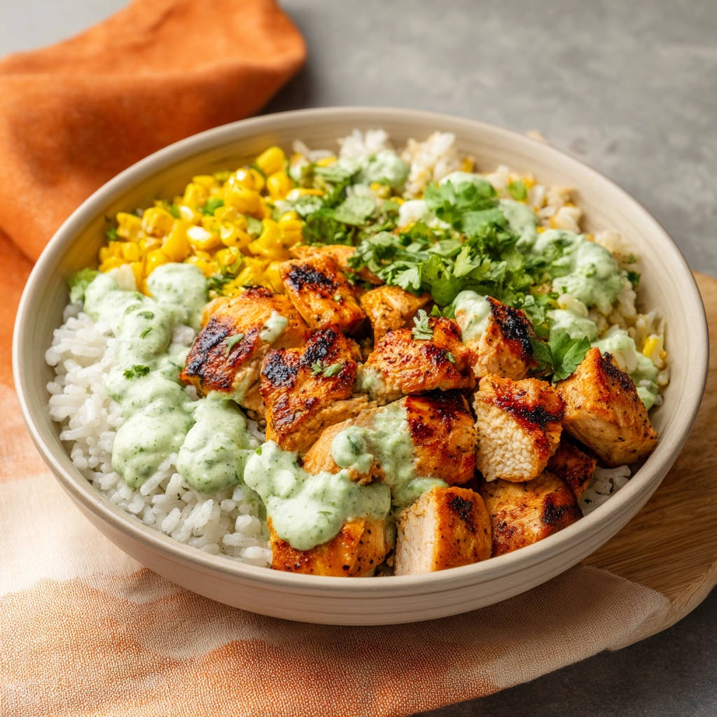 Cilantro lime chicken bowl with rice, corn, and a creamy sauce, shown in an overhead view.