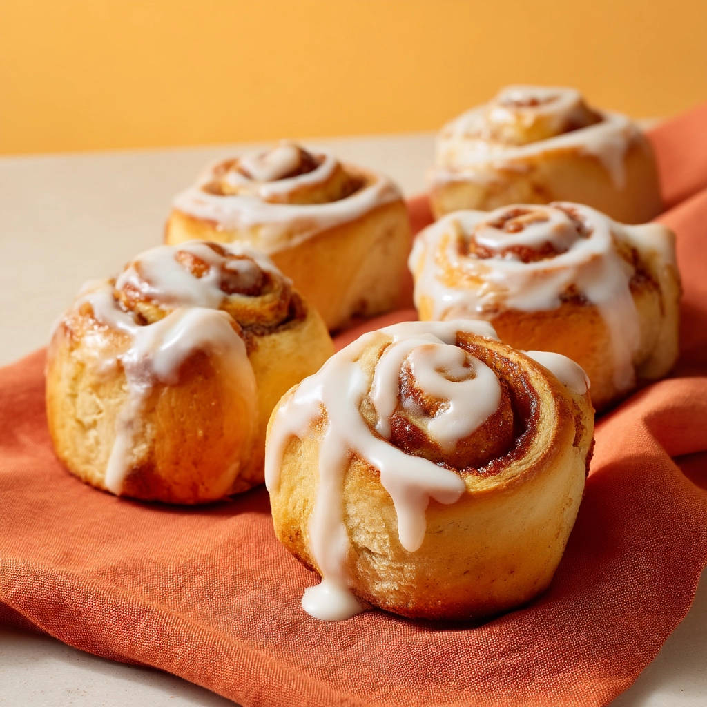 Cinnamon rolls, five fluffy and soft baked rolls with white glaze, shown in a close-up view.