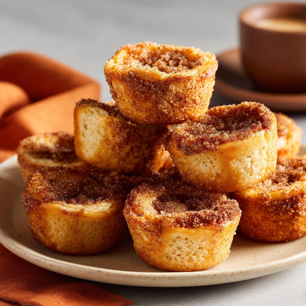 Cinnamon Sugar Puff Bites stacked on a plate, showcasing their fluffy texture and cinnamon-sugar topping.