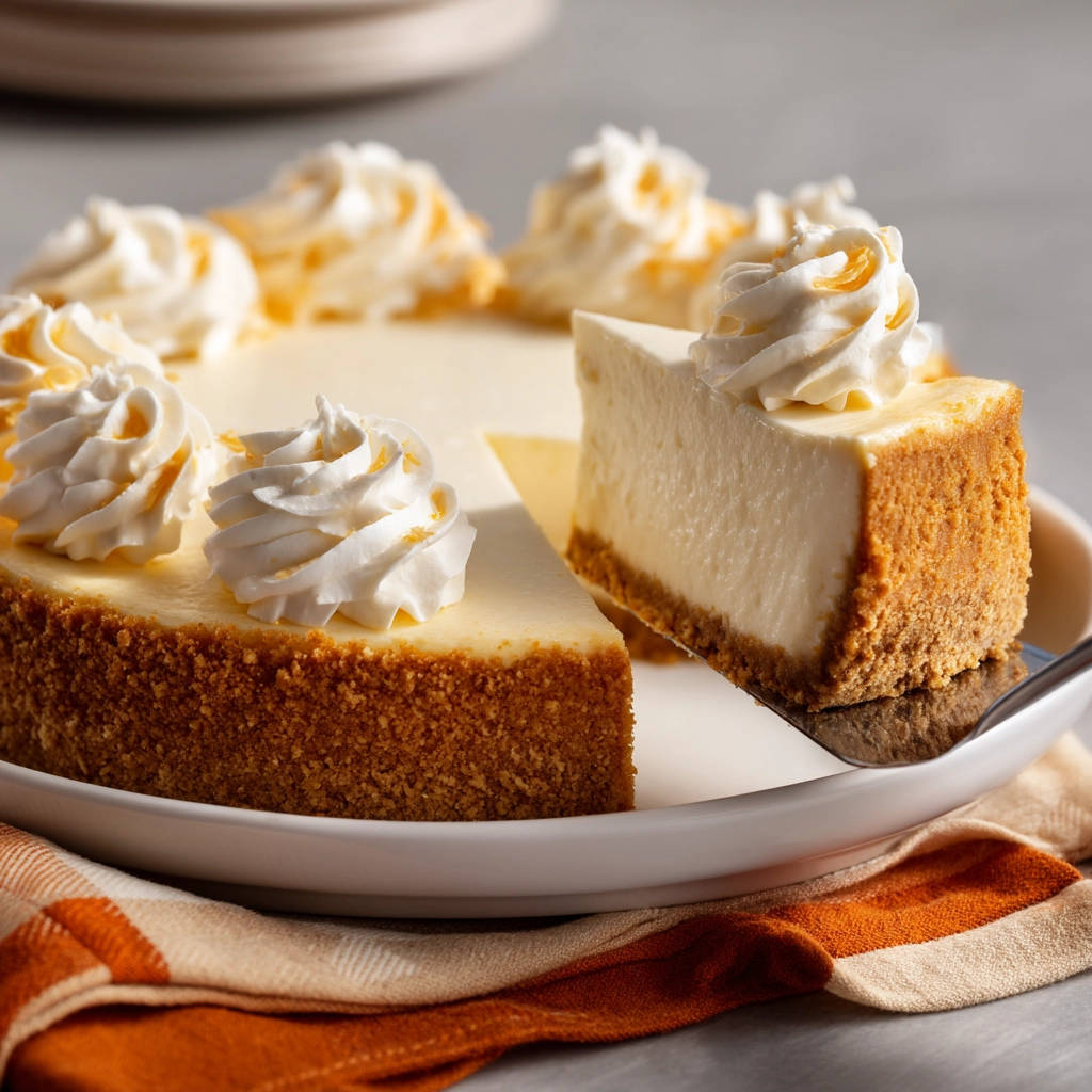Classic baked cheesecake with a slice being served, showing its graham cracker crust and whipped cream topping.