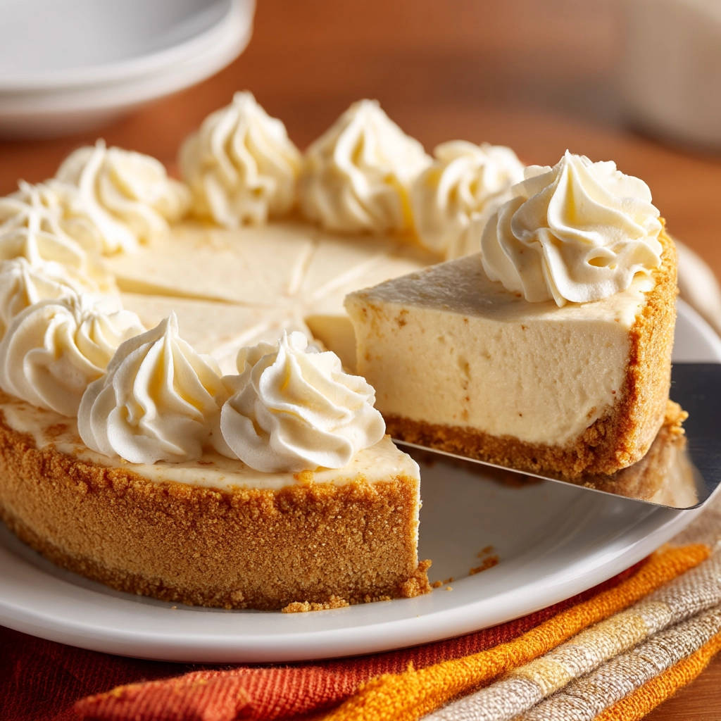 Classic baked cheesecake slice with whipped cream topping being served from the whole cake