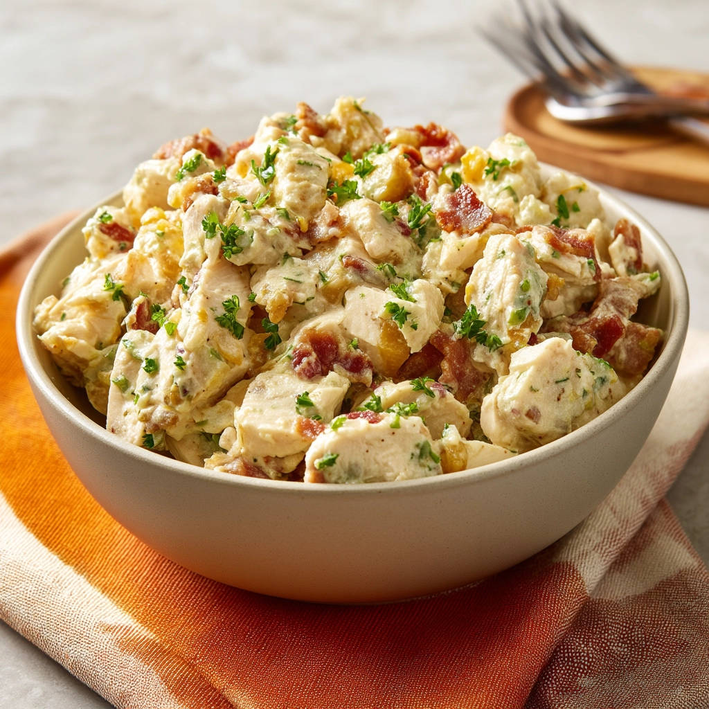 Classic chicken salad in a bowl, generously garnished with fresh parsley and crumbled bacon.
