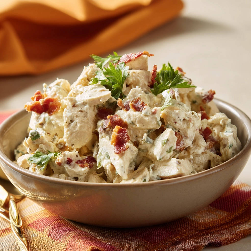 Classic chicken salad with bacon and parsley in a bowl, a close-up view showing the creamy texture.