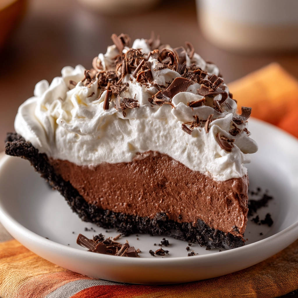 Classic Chocolate Cream Pie slice showing its rich chocolate filling and whipped cream topping, presented on a plate.