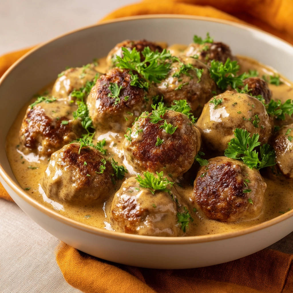 Classic creamy meatballs in a rich sauce, garnished with fresh parsley, shown in a close-up bowl view.
