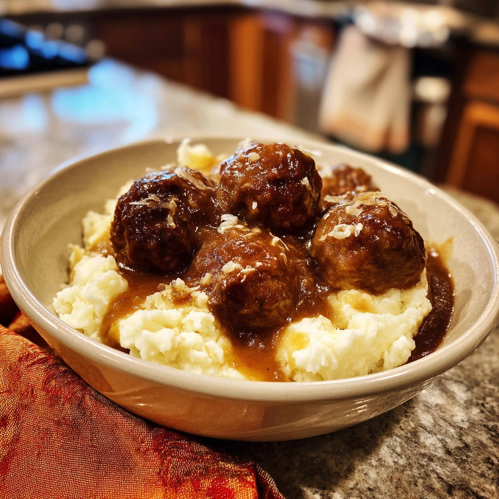 Classic meatballs and gravy served in a bowl over mashed potatoes, with a close-up view of the saucy meatballs.
