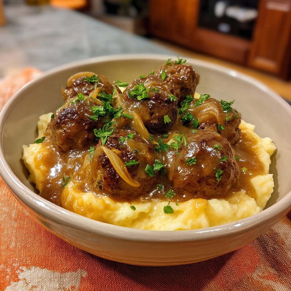 Classic meatballs and gravy served in a bowl over mashed potatoes, garnished with parsley.