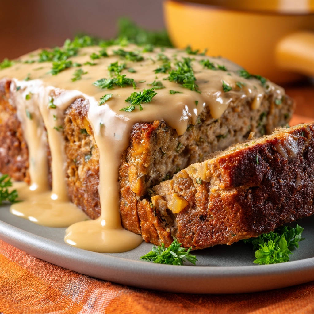 Classic meatloaf drizzled with savory gravy and garnished with fresh parsley, showing a moist interior slice.