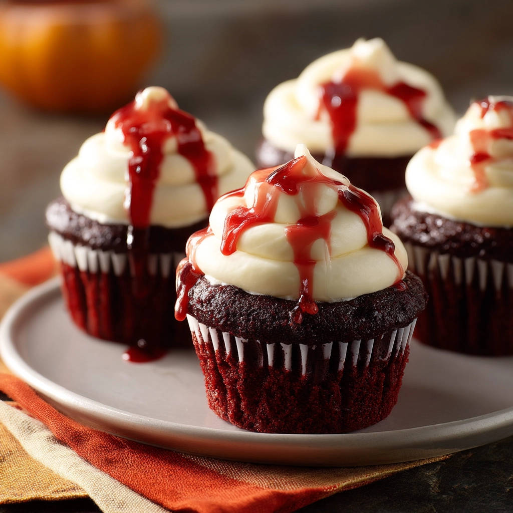 Classic red velvet cupcakes topped with cream cheese frosting and a bloody red drizzle.
