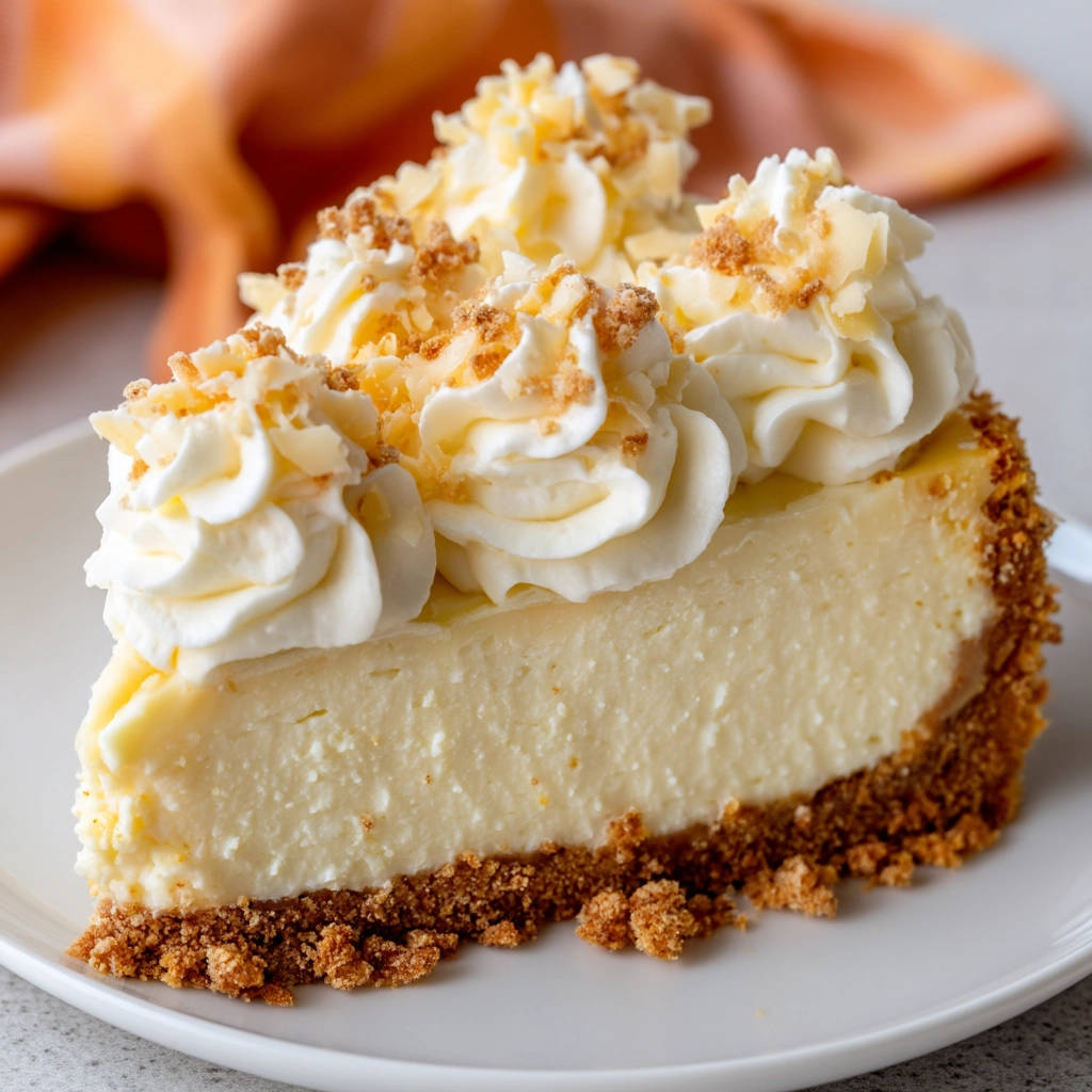 Coconut Dream Cheesecake, a plated slice showing a creamy interior with swirls of whipped topping and toasted crumbs.