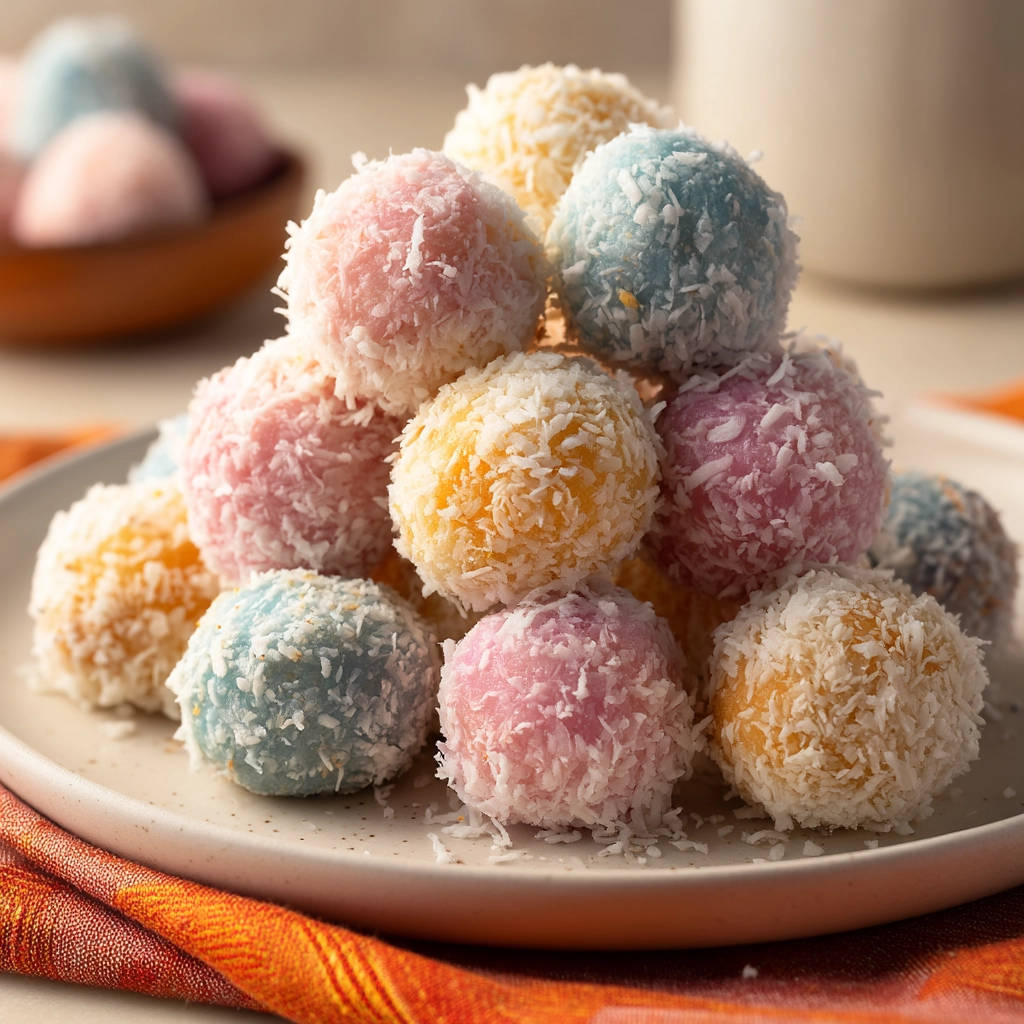 Colorful coconut candy stacked in a pyramid on a plate, showcasing pastel colors and shredded coconut coating.