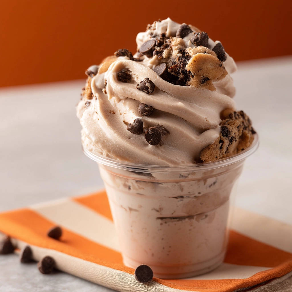 Cookie Dough Blizzard features a soft-serve swirl topped with chocolate chips and cookie dough pieces.
