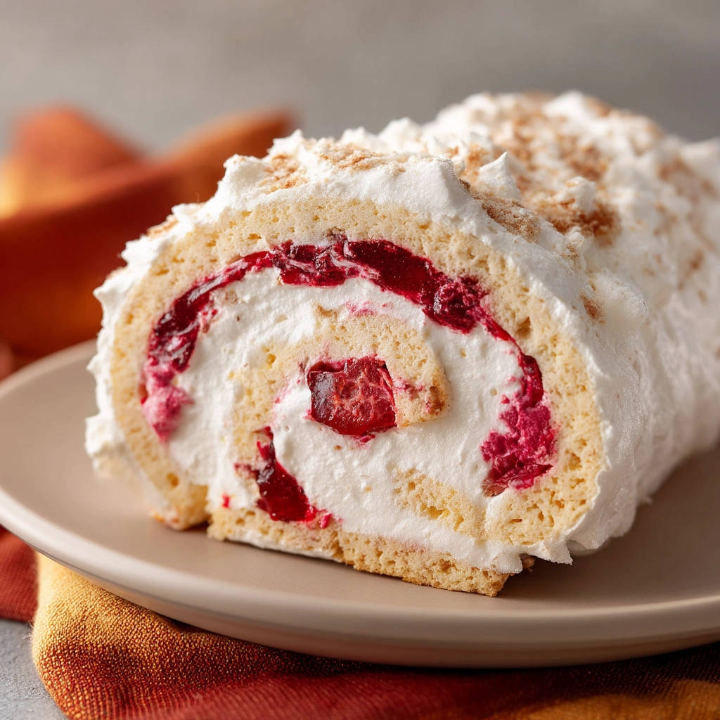 Cranberry Swiss Roll, a close-up cross-section reveals layers of fluffy cake, white cream, and vibrant cranberry filling.