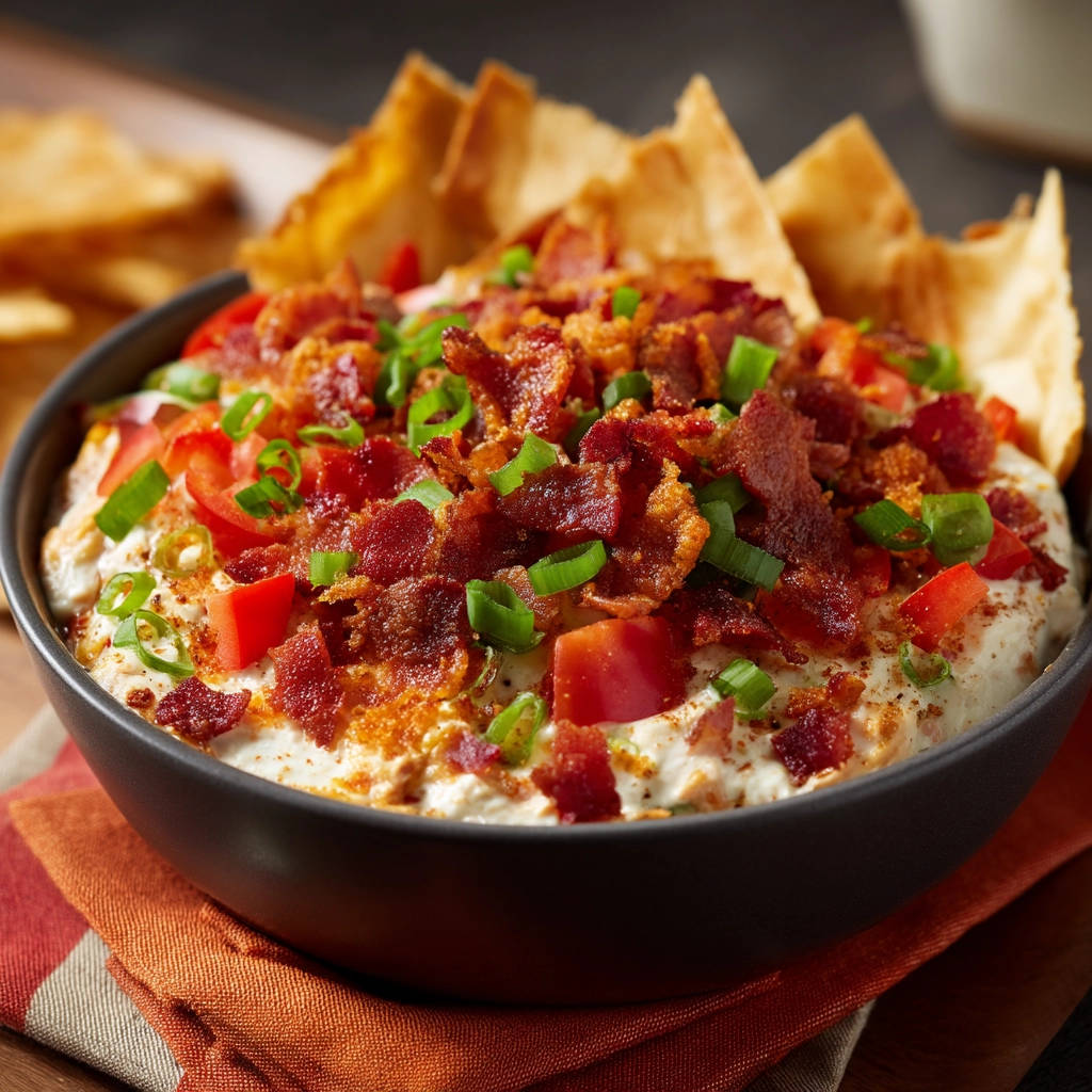 Creamy bacon dip topped with chopped tomatoes, bacon crumbles, and green onions, served with chips.