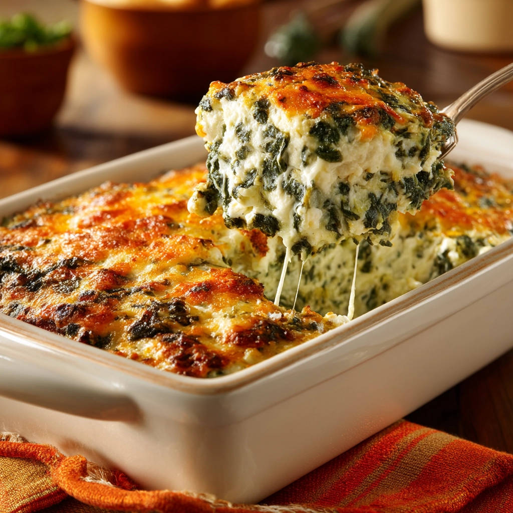 Creamy baked spinach showing a cheesy interior slice with melted cheese dripping.