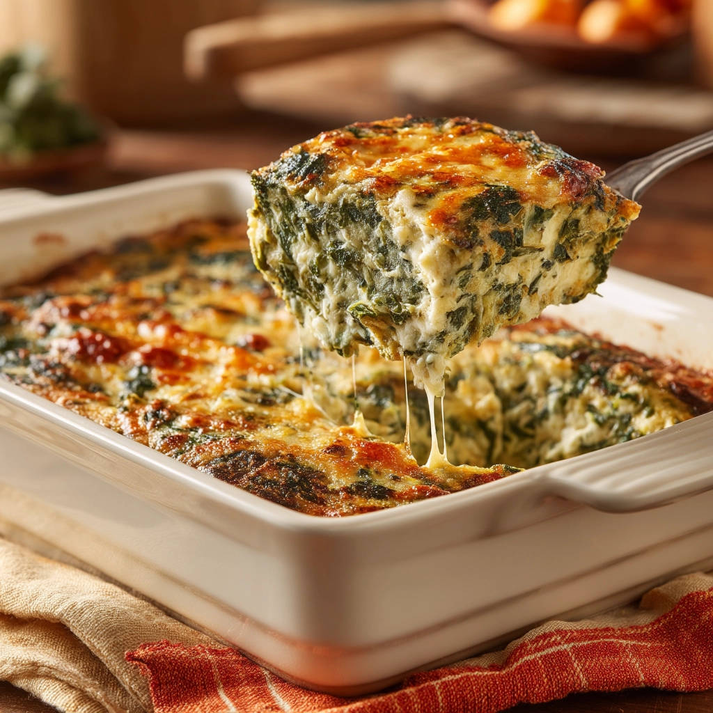 Creamy baked spinach, a cheesy slice being lifted from the baking dish, showing its gooey texture.