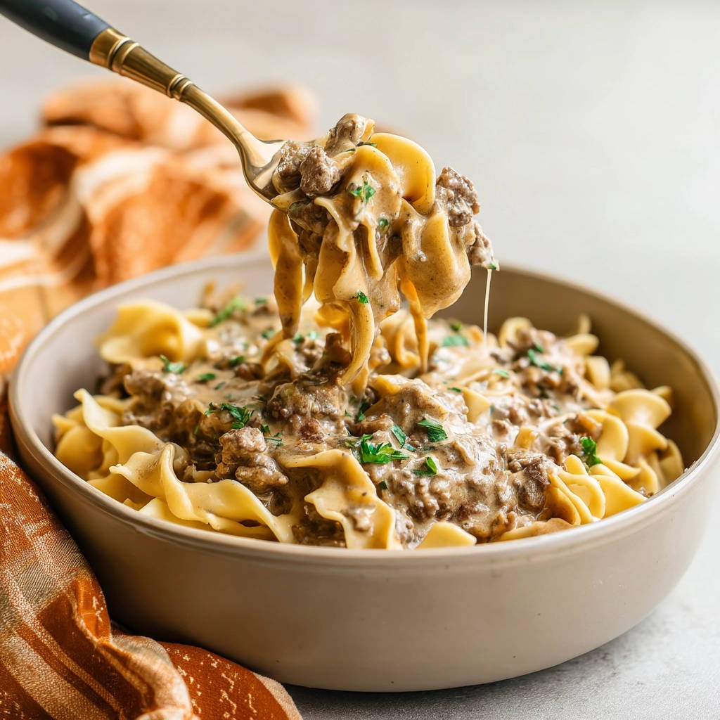 Creamy beef noodles shown on a fork being lifted from a bowl, a comforting and rich dish.