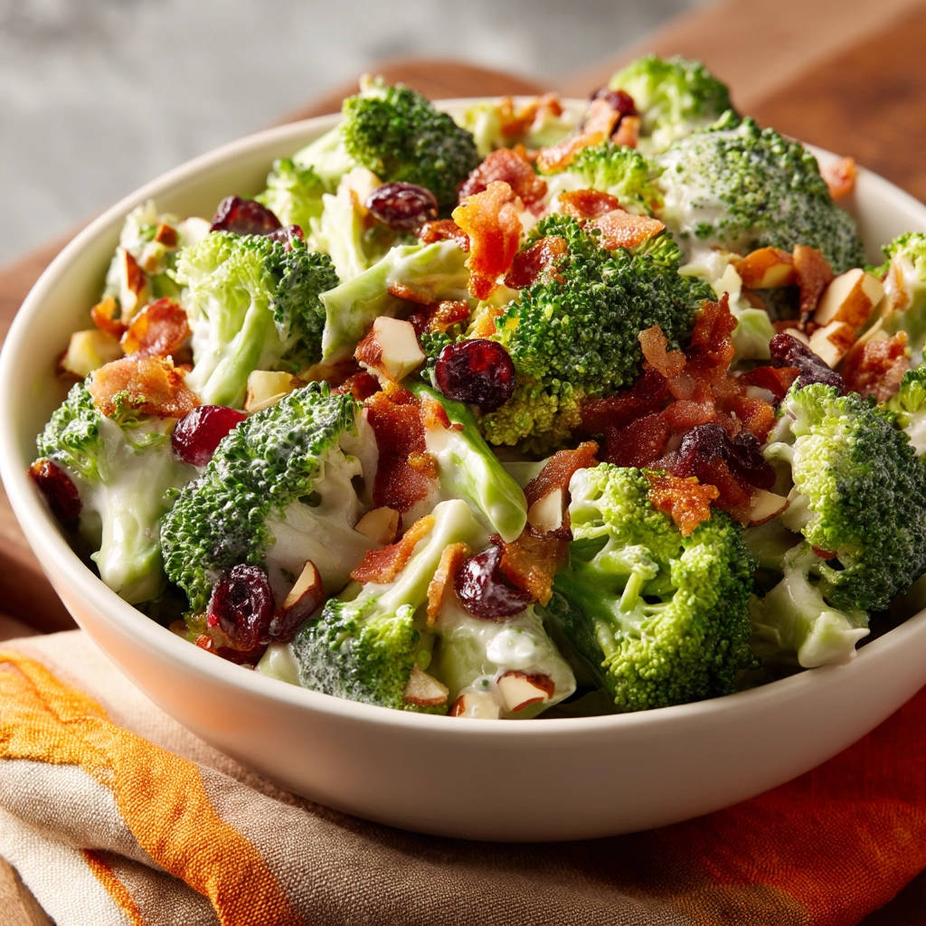 Creamy broccoli salad with bacon, cranberries, and almonds shown in a close-up bowl with a rustic napkin.