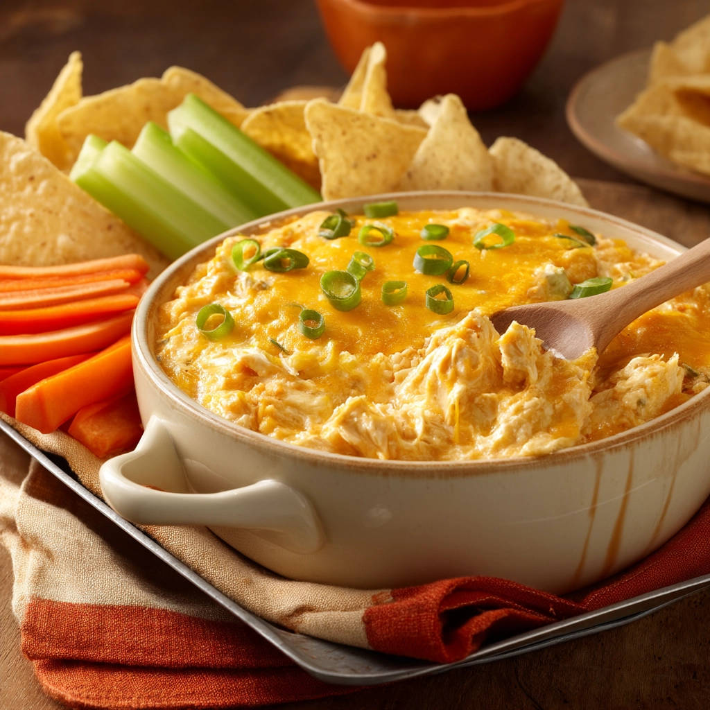 Creamy buffalo chicken dip with a spoonful scooped out, showing melted cheese and shredded chicken.