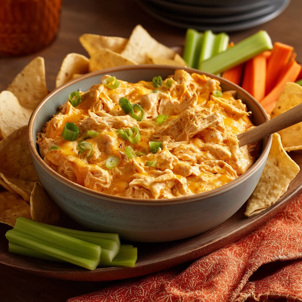 Creamy buffalo chicken dip with a wooden spoon scooping a generous portion, garnished with scallions.