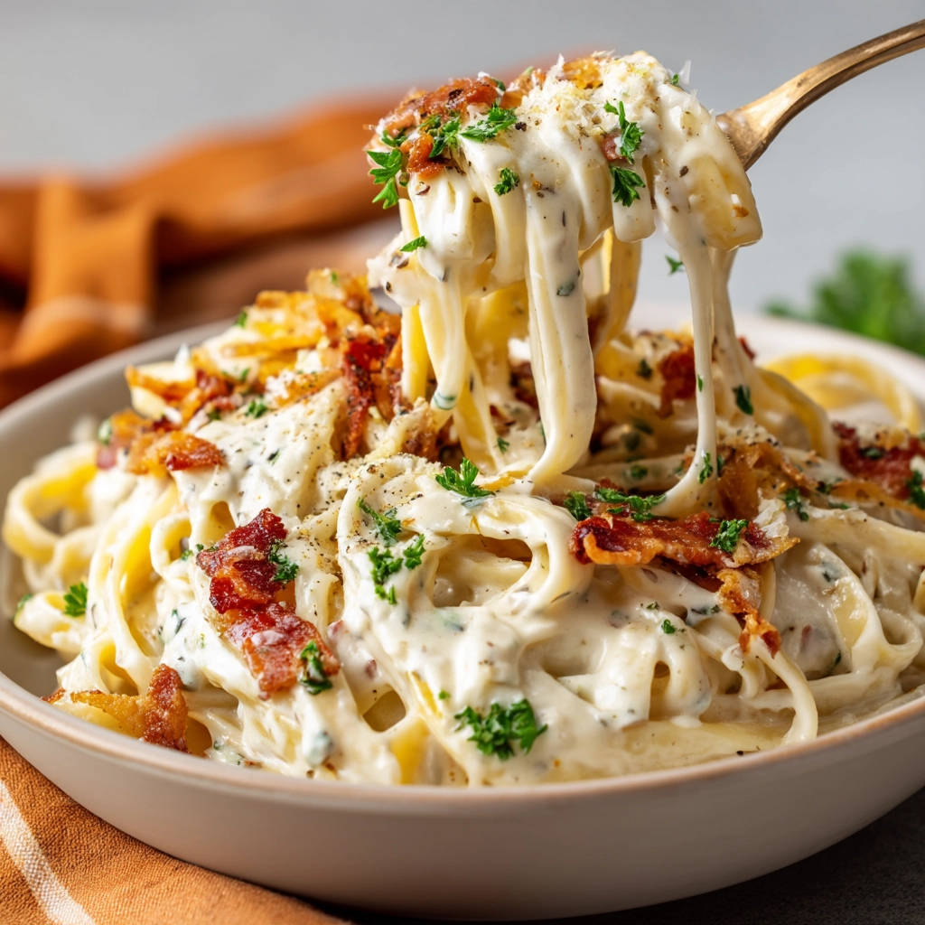 Creamy carbonara pasta being lifted with a fork, showing strands coated in sauce and topped with crispy bacon and parsley.