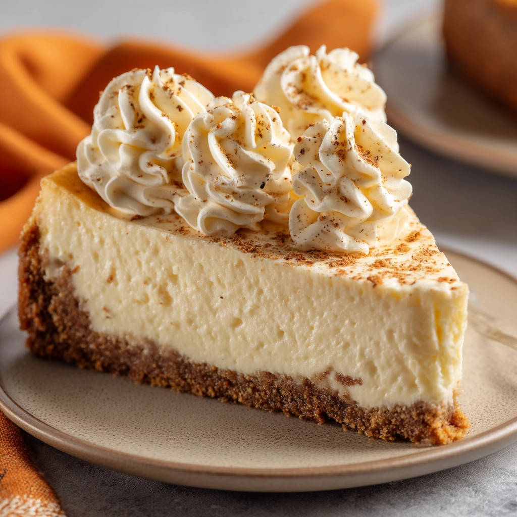 Perfect creamy cheesecake slice with whipped cream topping and cinnamon dusting on a plate.