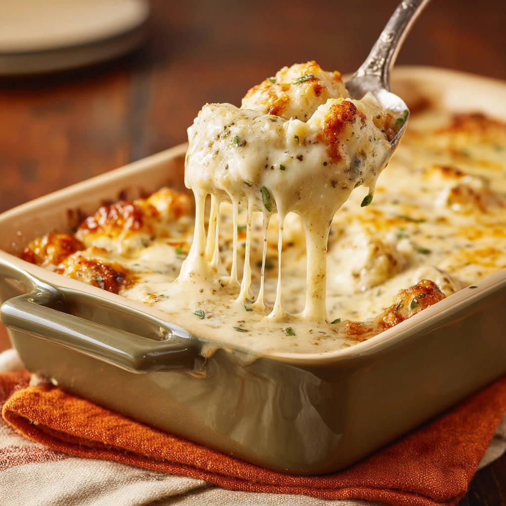 Creamy cheesy potato bake with a dramatic cheese pull as a spoonful is lifted from the baking dish.