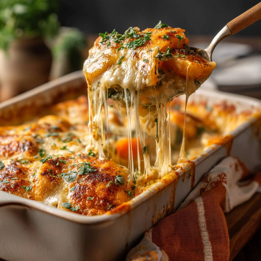 Creamy cheesy potato bake with a gooey cheese pull being lifted on a serving spoon.