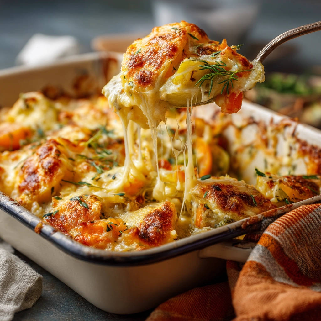 Creamy cheesy potato bake shown with a spoonful lifting out, revealing a gooey cheese pull.