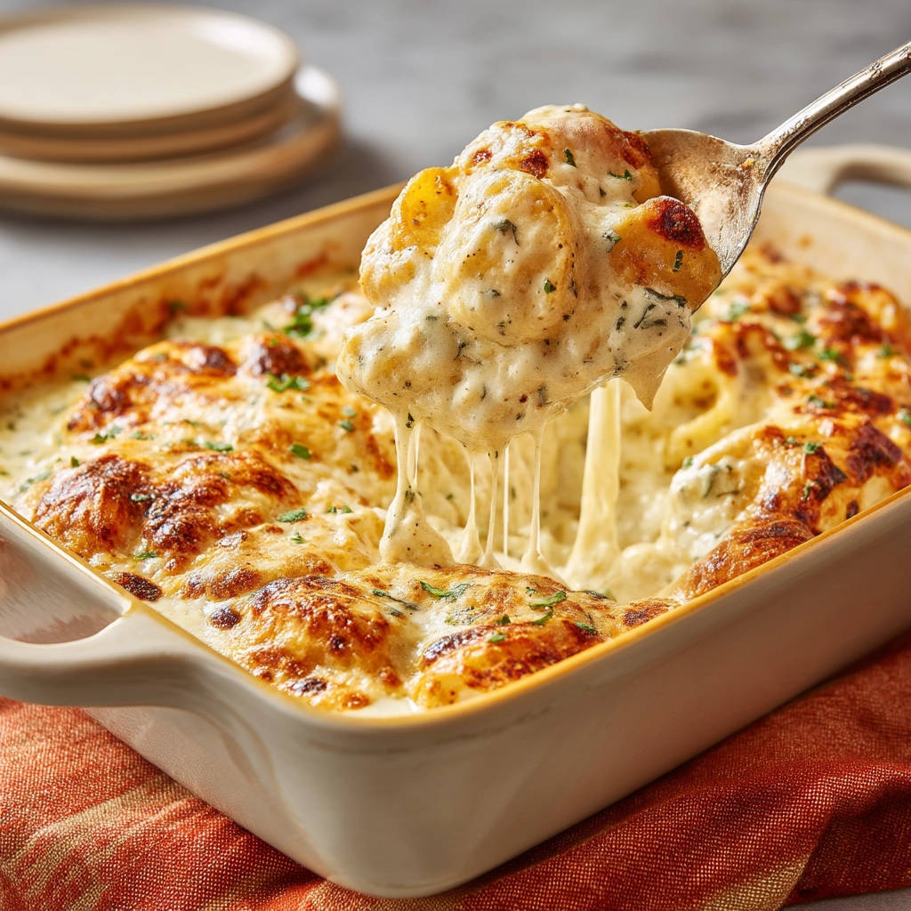 Creamy cheesy potato bake being scooped with a spoon, showing strings of melted cheese pulling away from the dish.