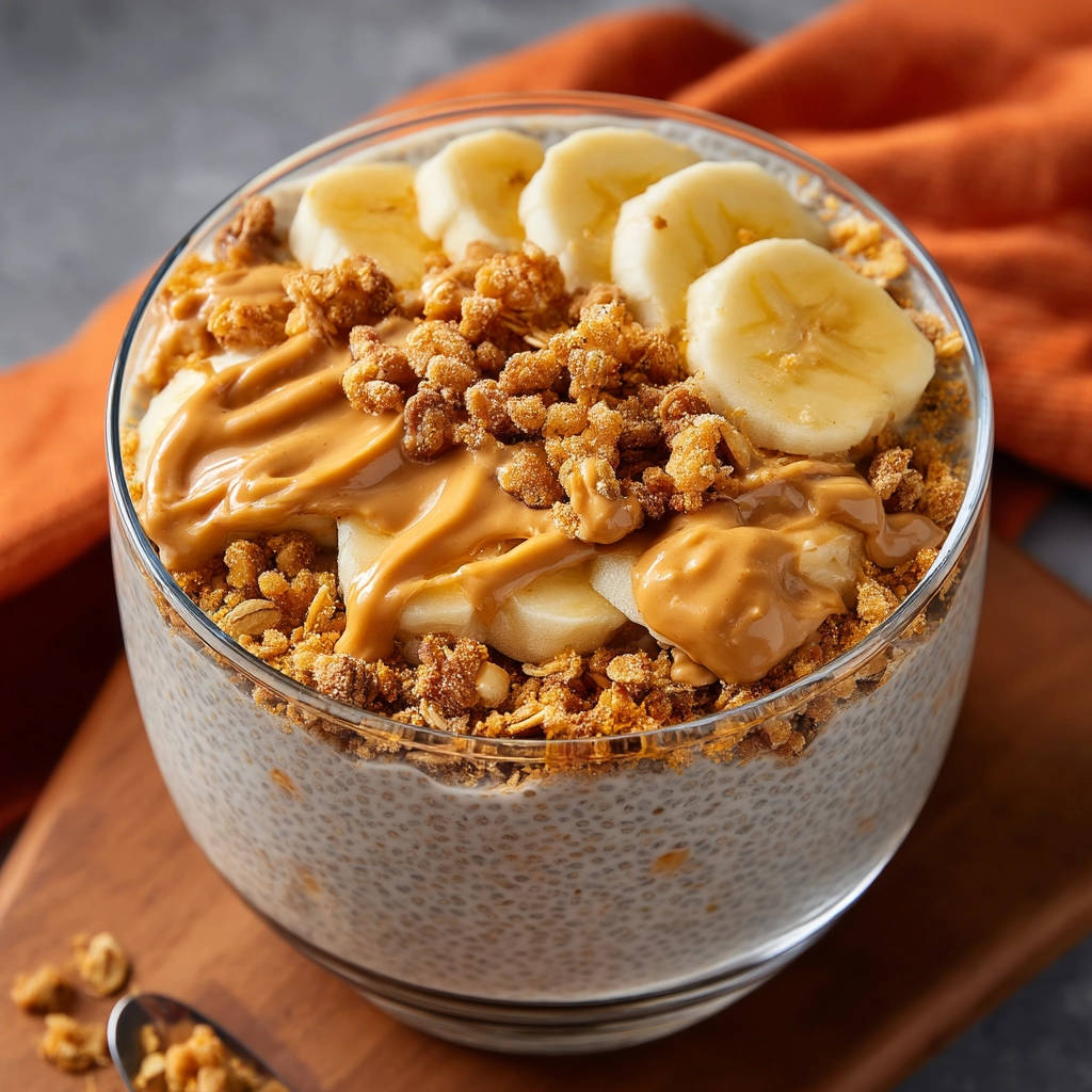 Creamy chia seed pudding topped with peanut butter, bananas, and crunchy granola in a clear glass bowl.