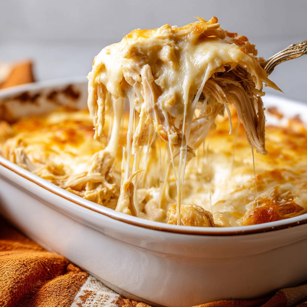 Creamy chicken enchilada bake with a fork lifting a cheesy, gooey portion, showcasing melted cheese strands.