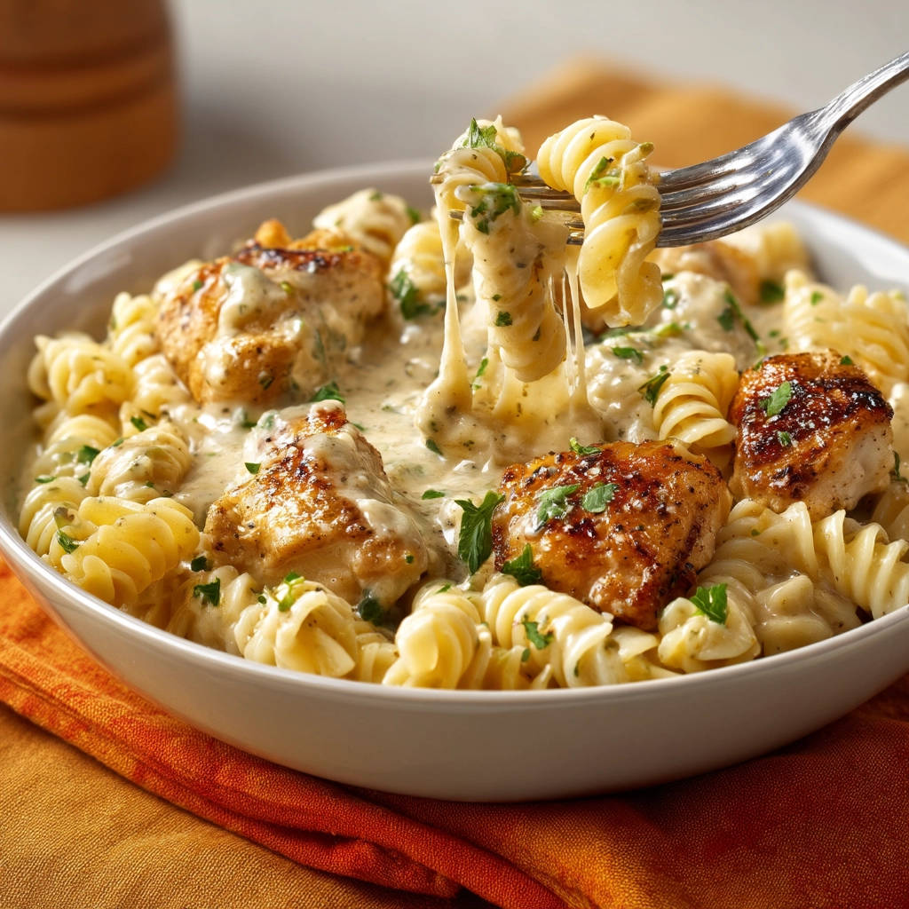Creamy chicken rotini with a fork pulling up cheesy pasta and tender chicken pieces.