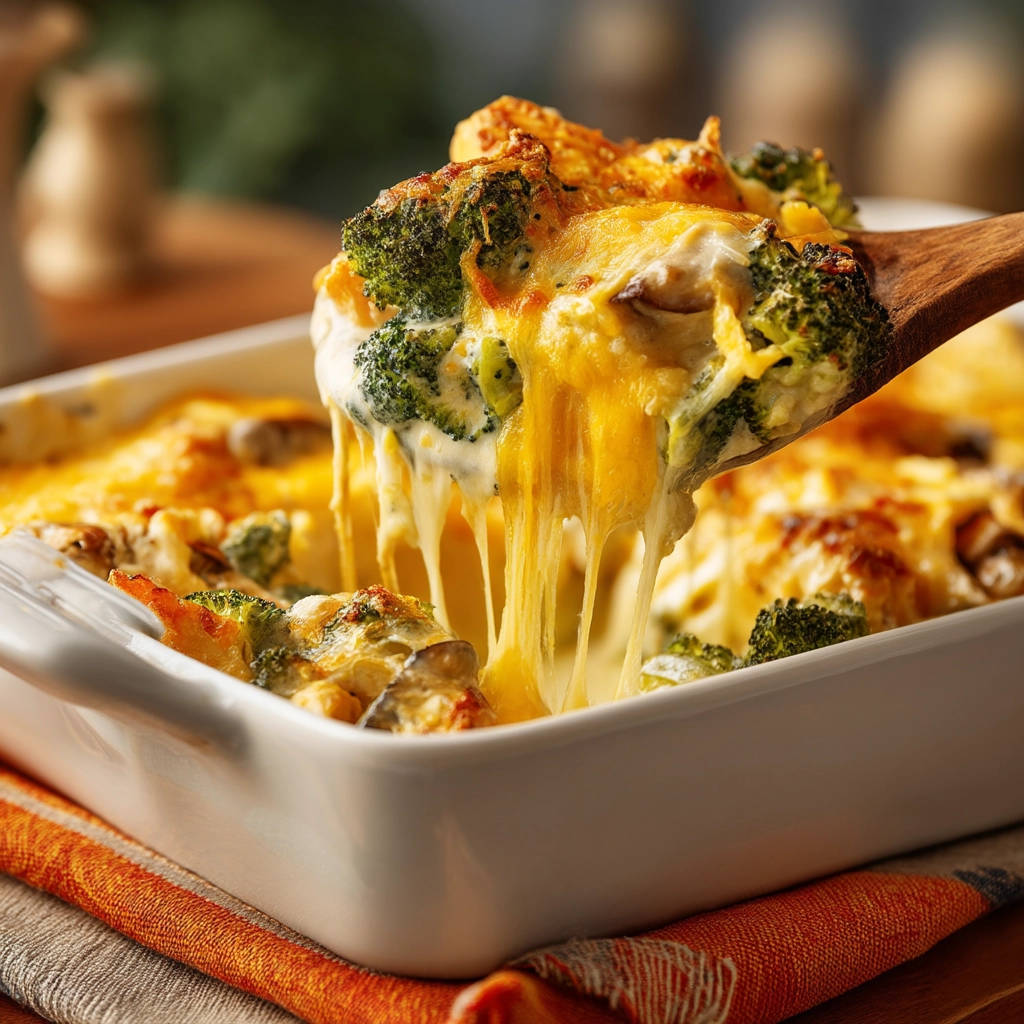 Creamy chicken & veggie bake with a spoonful lifting out gooey, melted cheese and broccoli florets.
