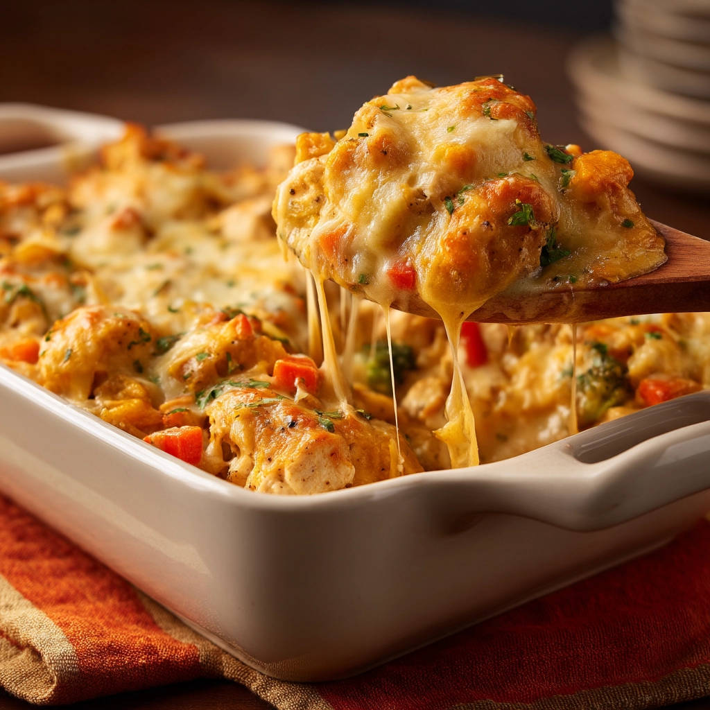 Creamy chicken &amp; veggie bake being served from a casserole dish, showing melted cheese stretching from the spoon.