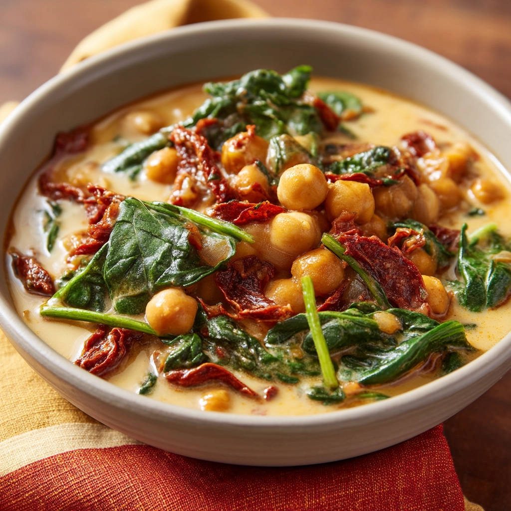 Creamy chickpeas with spinach and sun-dried tomatoes served in a close-up view of a bowl.