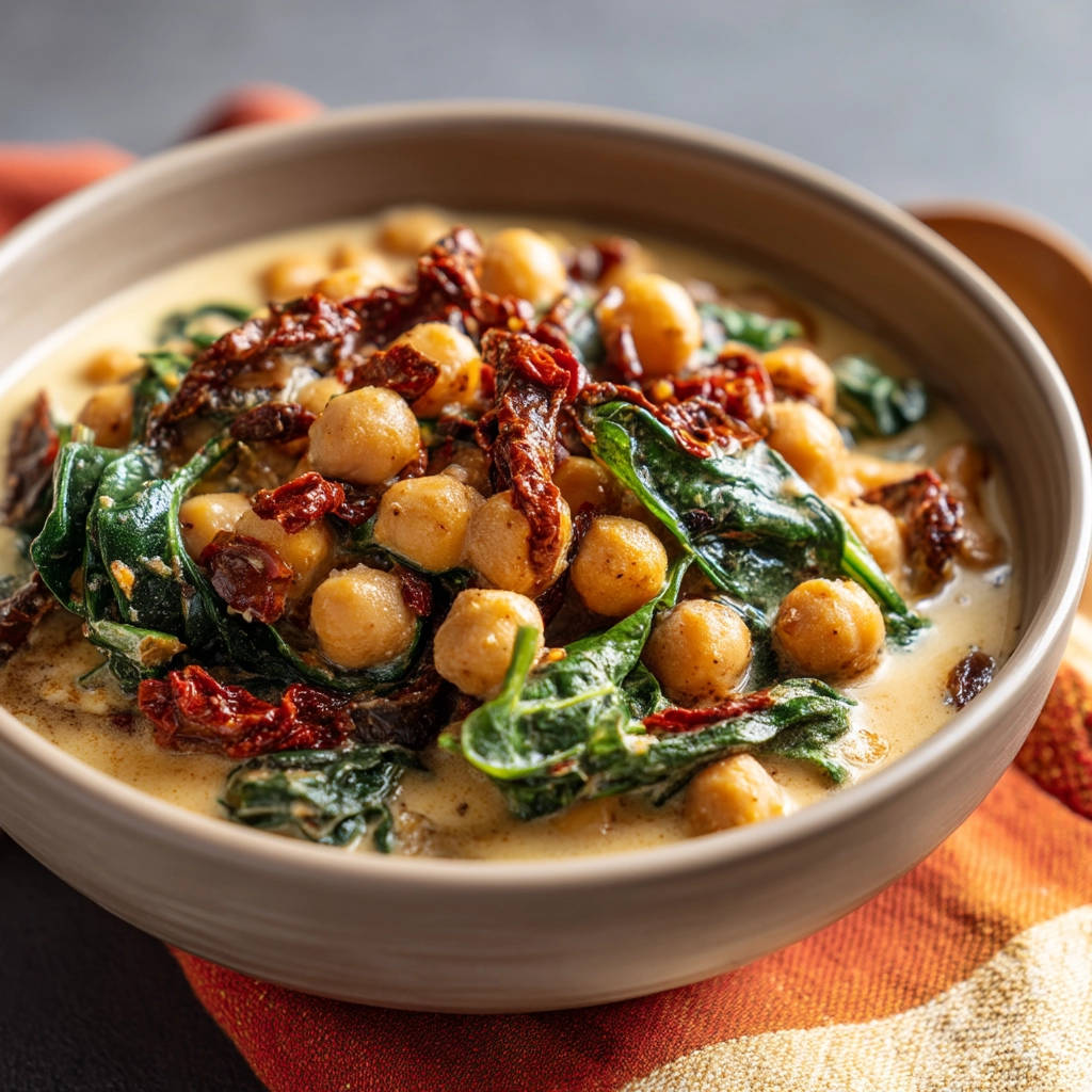 Creamy chickpeas with spinach and sun-dried tomatoes in a bowl, a close-up view of the stewed dish.