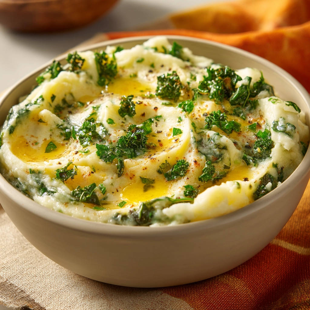 Creamy colcannon with kale and a drizzle of melted butter, garnished with fresh parsley and black pepper.
