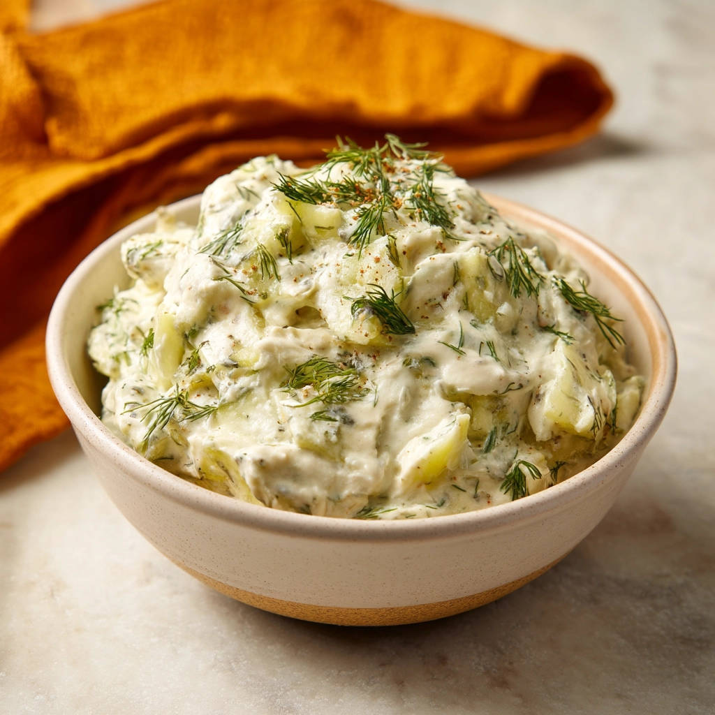 Creamy cucumber salad with fresh dill garnish in a rustic bowl, showcasing its thick texture.