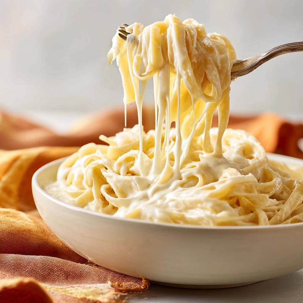 Creamy fettuccine alfredo being lifted by a fork, showcasing its rich sauce and smooth pasta texture.