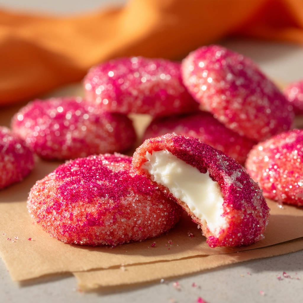 Creamy filled sugar cookies shown in a close-up cross-section revealing the soft, white filling and red sugar coating.